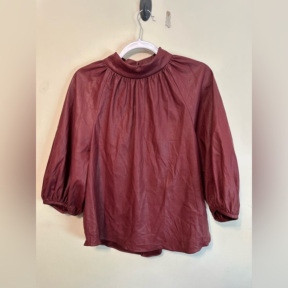 Rebecca Taylor 3/4 Sleeve Mock Neck Vegan Faux Leather Blouse Size 12 Burgundy - Picture 1 of 4